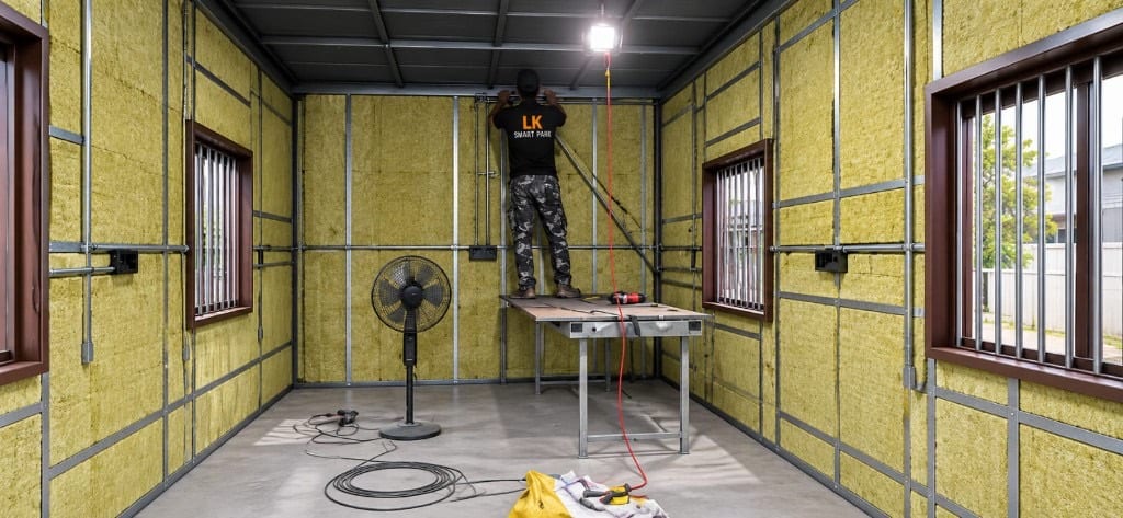 Fabricator fixing ceiling battens inside a container shell lined with mineral wool insulation