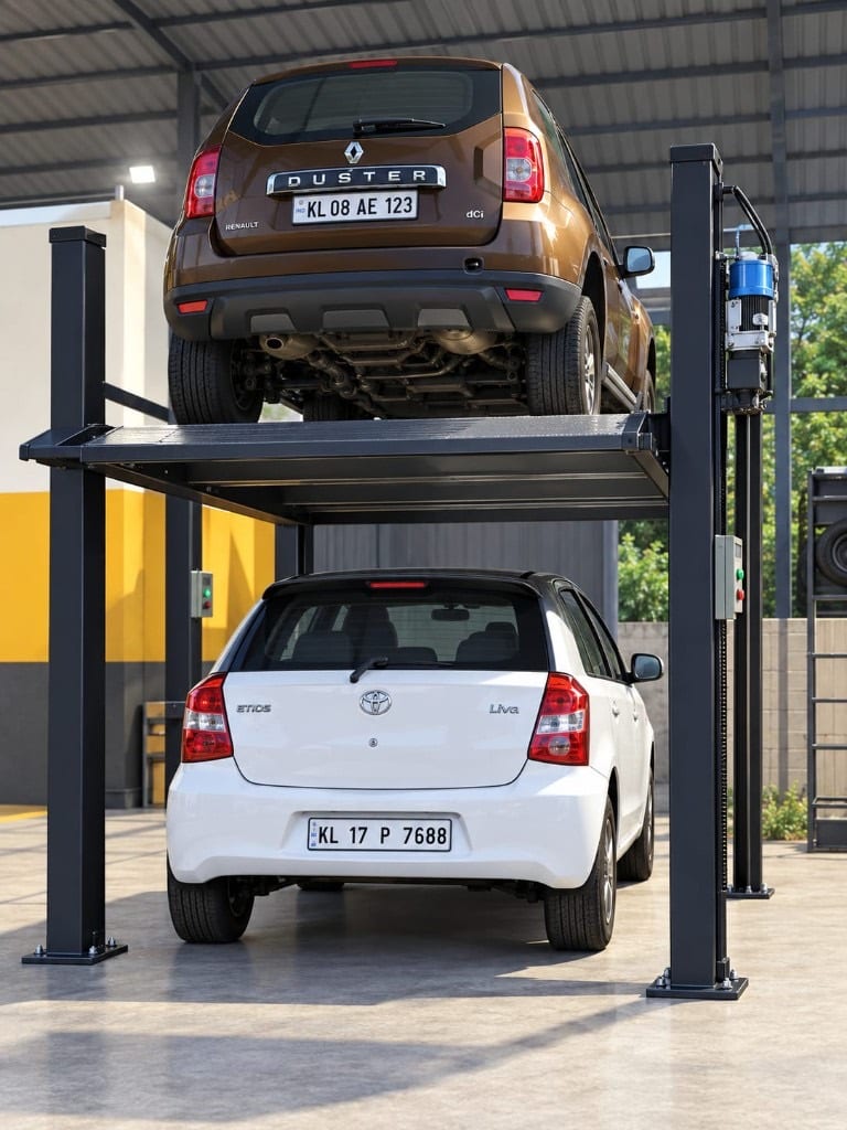 G+1 electromechanical car parking stacker with an SUV raised above a hatchback