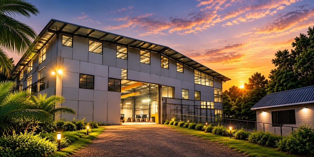 LK Smart Park plant in Kerala at dusk, fabrication bay lit and open to the drive