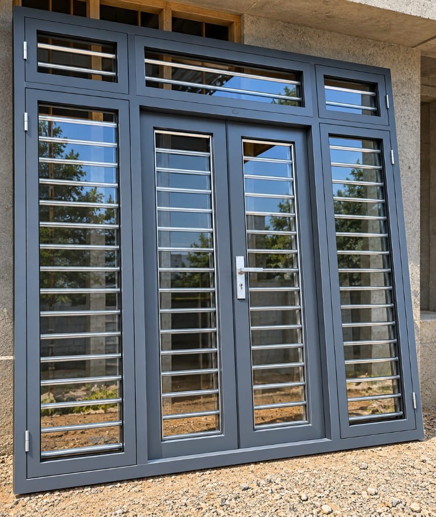 Grey steel door and window set with horizontal bar grilles, fitted into a concrete opening on site