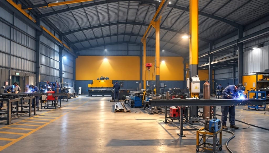 Fabricators welding steel sections at benches inside the LK Smart Park plant